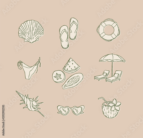 Obraz na płótnie Summer beach icons collection shell flip flops bikini papaya watermelon melon beach lounger and umbrella sunglasses coconut drawing in graphic style on brown background w salonie