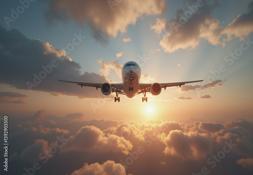 Airplane in the flight. Air transport aircraft with blank livery fly in sunset sunrise sky, commercial aviation travel and tourism concept