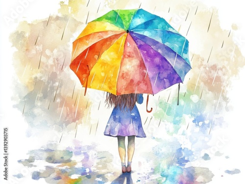 A girl is walking in the rain with a rainbow umbrella