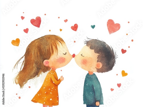 A young couple kissing with hearts in the background