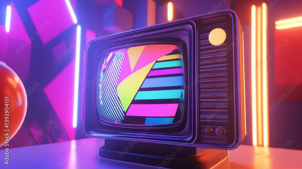 Retro television with colorful abstract pattern in a neon lit room.
