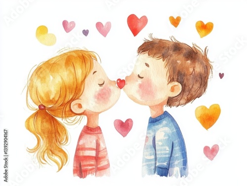 A boy and a girl are kissing each other with their lips on a heart