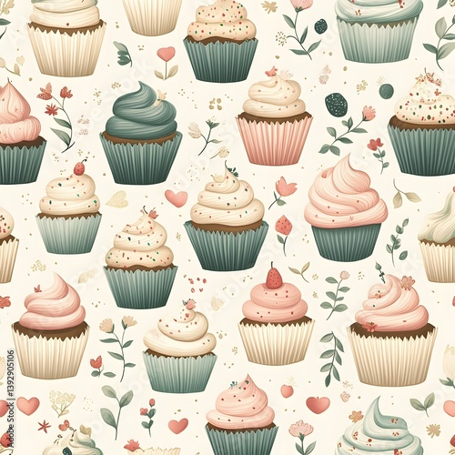 Pastel Cupcakes and Delicate Flowers Seamless Pattern