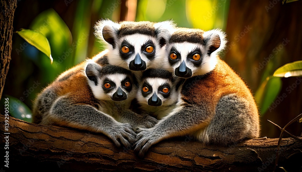 Obraz premium A family of lemurs snuggled together on a tree branch, striped tails wrapped around, jungle background