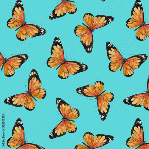 Seamless watercolor ackground of orange monarch butterflies on turquoise