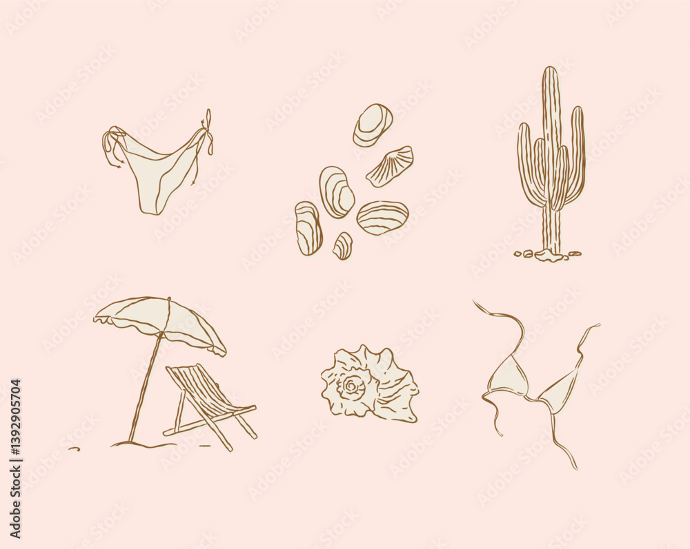 Summer vacation icons collection bikini shell cactus beach umbrella and chair swimsuit drawing in graphic style on beige background