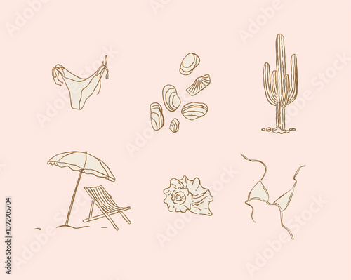 Obraz na płótnie Summer vacation icons collection bikini shell cactus beach umbrella and chair swimsuit drawing in graphic style on beige background w salonie
