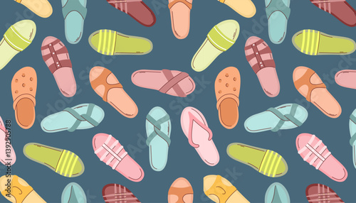 Colorful vector illustration pattern featuring various styles of Beach sandals on a dark background. Includes multiple designs and colors, perfect for textile or graphic design.