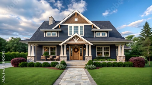 Modern Blue Home with White Trim, Dormer Windows, and Manicured Landscape in a Picturesque Suburban Setting