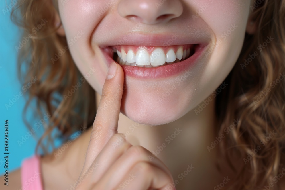 Close up portrait of kid point the finger her teeth isolated on blue background Close up portrait of kid point the finger her teeth isolated on blue background