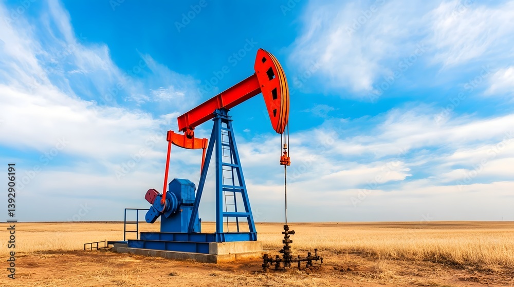 Bright Red and Blue Oil Pumpjack Operating in a Rural Landscape Bright Red and Blue Oil Pumpjack Operating in a Rural Landscape