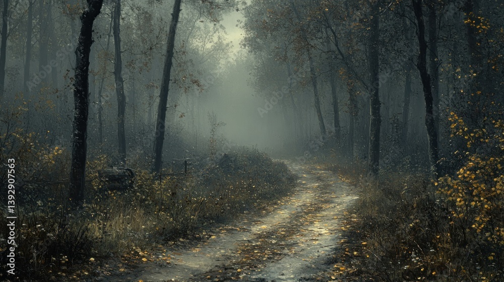 Naklejka premium Misty autumn forest path.