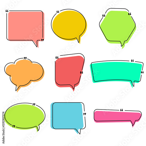 Empty speech bubbles set in colors. Hand drawn vintage art. Speech clouds elements. Vector illustration.
