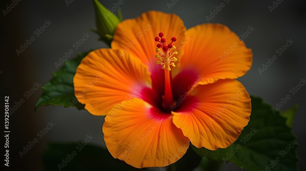 Vibrant orange hibiscus blossom close-up, centered on dark background. Ideal for nature, beauty, or tropical themes. Vibrant orange hibiscus blossom close-up, centered on dark background. Ideal for nature, beauty, or tropical themes.