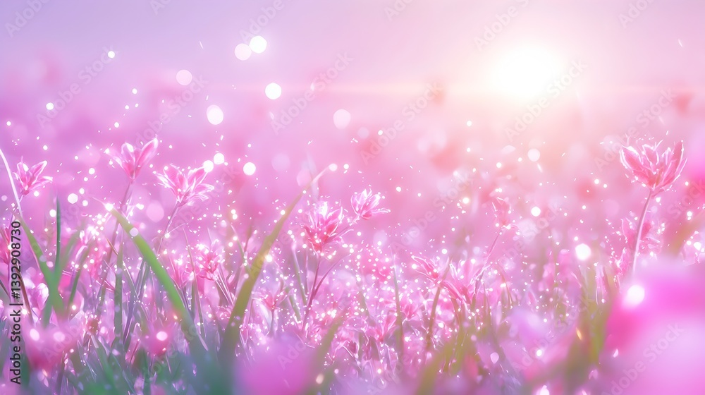 Fototapeta premium A field of pink flowers with a bright sun shining on them