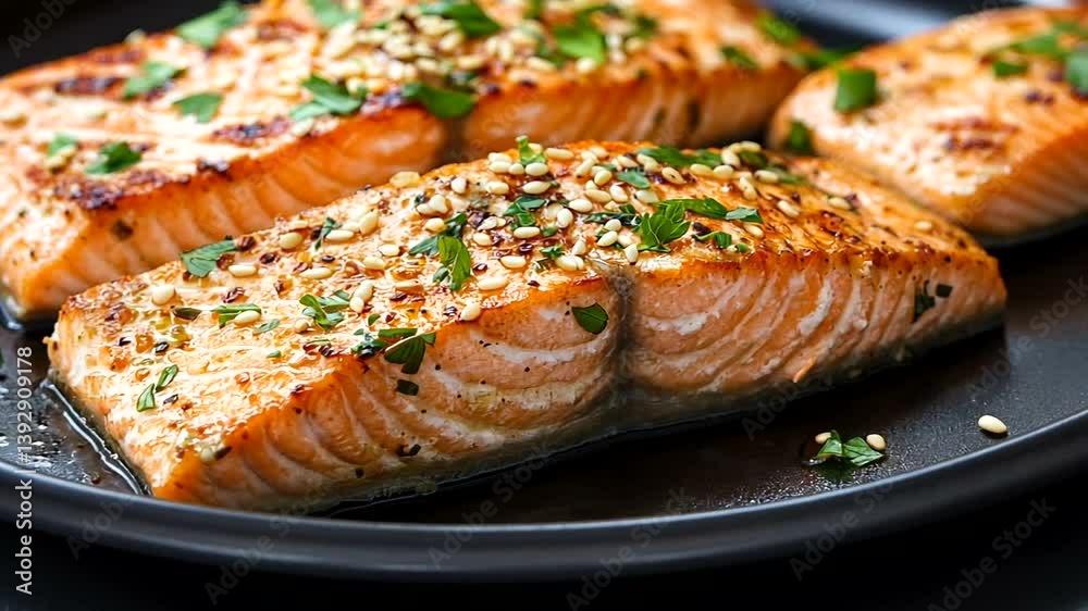 Grilled salmon fillets garnished with herbs and sesame seeds on a black plate, showcasing a delicious meal Grilled salmon fillets garnished with herbs and sesame seeds on a black plate, showcasing a delicious meal
