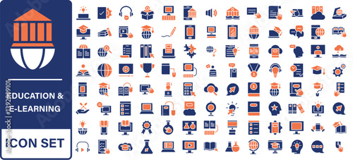 Education and E-Learning Big icons collection. Containing Education, School, E-Learning, College, Graduation. Glyph solid style series icon