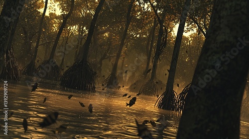 mangrove forest with dense, tangled roots emerging from brackish water, providing habitat for small fish and crabs under golden sunset light. mangrove forest, tangled roots, brackish water, 