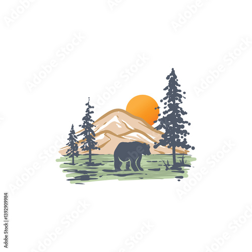 Bear Forest Mountain Adventure Landscape Logo
