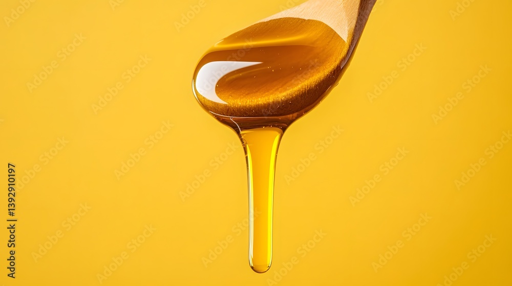 Dripping golden honey-like oil with high viscosity effect on yellow background