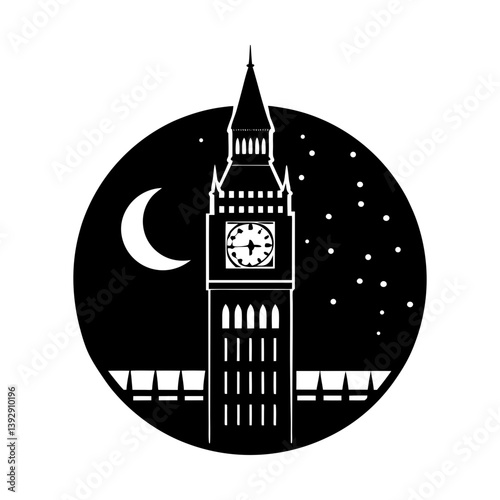 Big ben london england clock tower night scene moon and stars iconic landmark silhouette