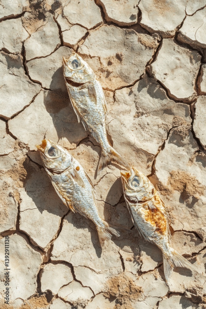 Dead fish lying on dry ground. Drought. Desperate, sad. Concept.