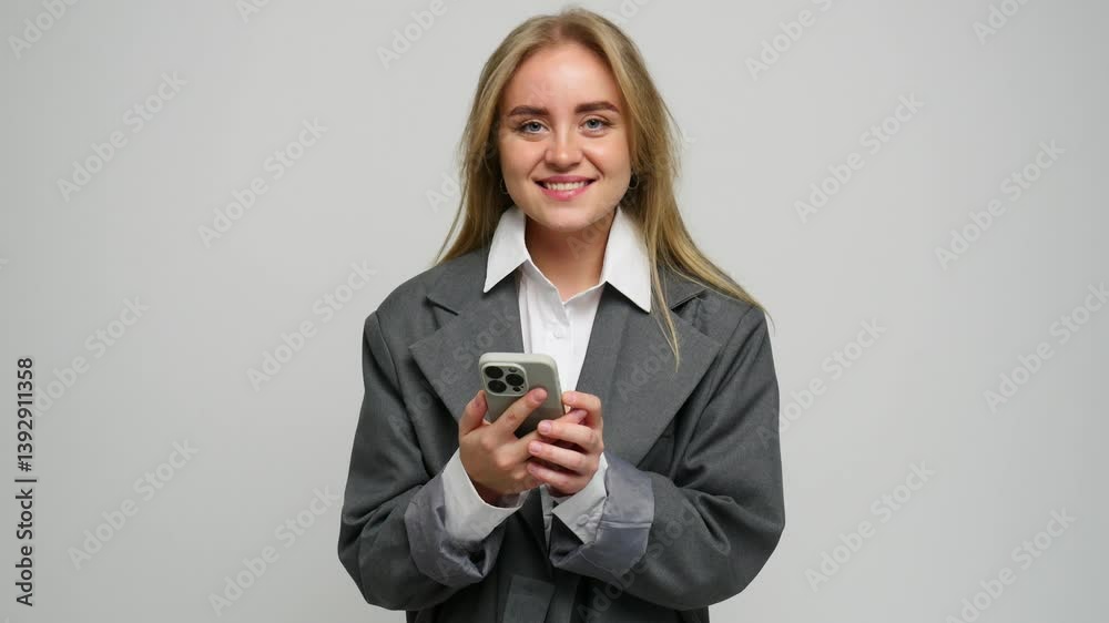 Young woman smiling brightly while interacting with her smartphone, radiating positivity and joy. Young woman smiling brightly while interacting with her smartphone, radiating positivity and joy.