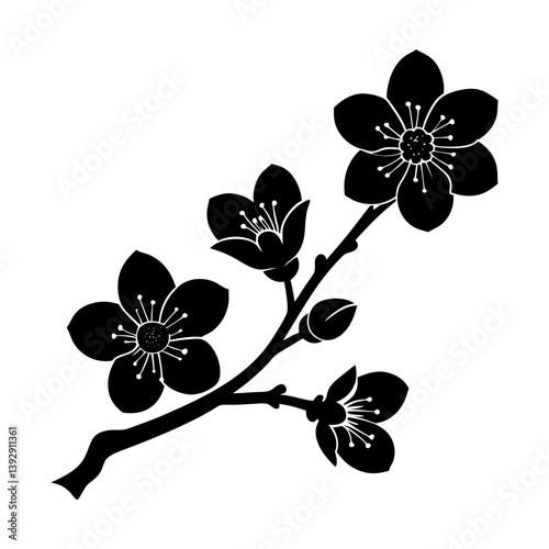 Black cherry blossom branch vector illustration floral design element for prints and art silhouette