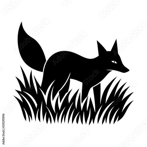 Black fox in grass vector illustration wildlife animal silhouette nature design art image