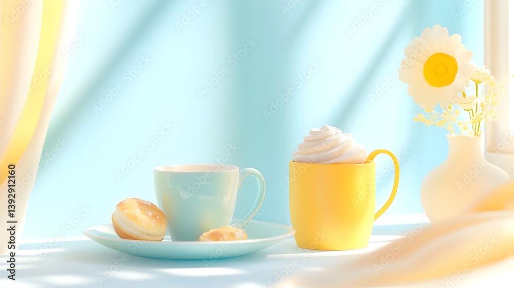 A cup of coffee and a donut sit on a table next to a vase with a yellow flower A cup of coffee and a donut sit on a table next to a vase with a yellow flower