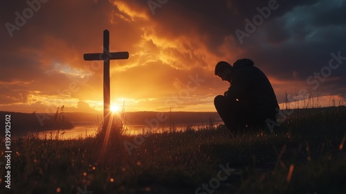 Silhouette of man kneeling near the wooden Christian cross during a sunset. Spiritual moment of prayer and reflection, peaceful surroundings, dramatic sky with warm colors. photo