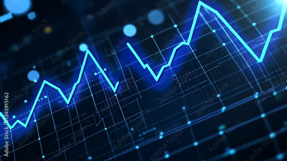 Abstract digital financial graph illustrating market trends with glowing lines and data points Abstract digital financial graph illustrating market trends with glowing lines and data points