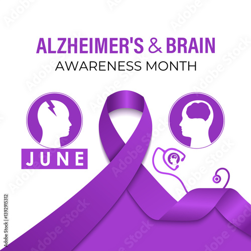 Vector graphic of Alzheimer's and Brain awareness month is observed every year in June. Raise awareness about Alzheimer's and brain. Realistic Ribbon, head and brain icon with Stethoscope design.