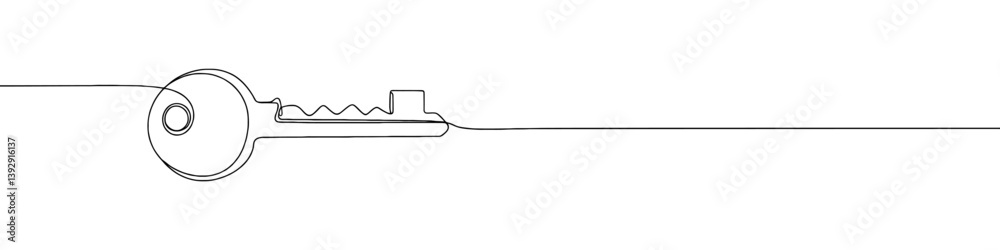 Obraz premium Key continuous one line drawing. Password, house key, security symbol. Vector illustration.