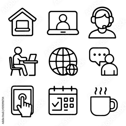 Black and white icon set in line art style, showing remote work concepts. People at laptops, video calls, home workspace.