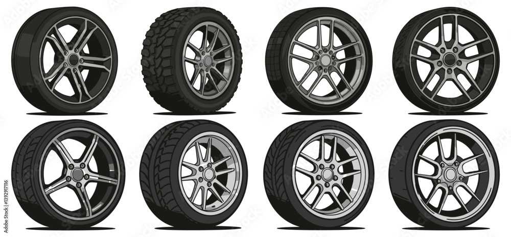 A Hand drawn car tire and wheel illustrations set with a white background A Hand drawn car tire and wheel illustrations set with a white background