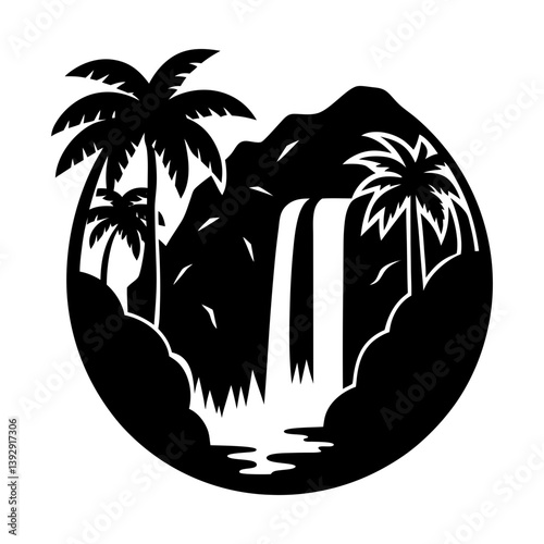 Tropical waterfall landscape with palm trees black and white vector illustration silhouette