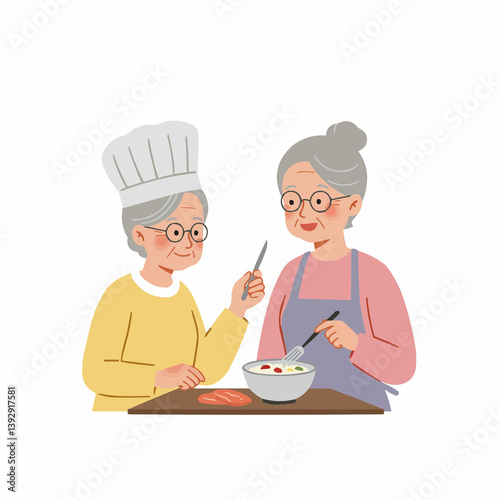Two elderly women cooking together in a cheerful kitchen  