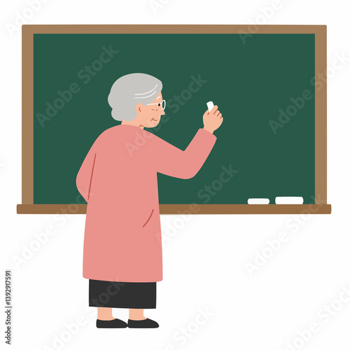 Elderly woman writing on blackboard in classroom  