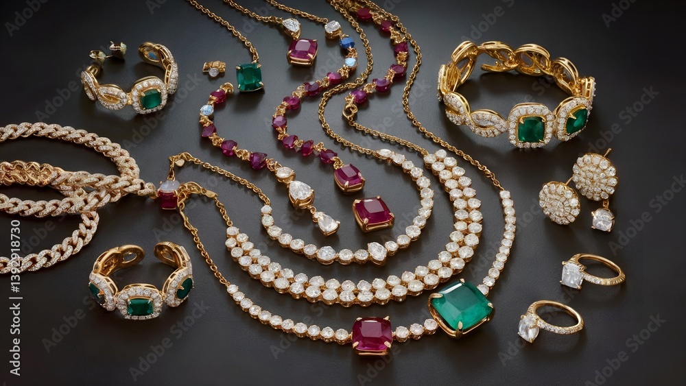 Obraz premium An array of intricately designed jewelry, including necklaces, rings, and bracelets, adorned with colorful gemstones such as emeralds and rubies, arranged against a dark background.