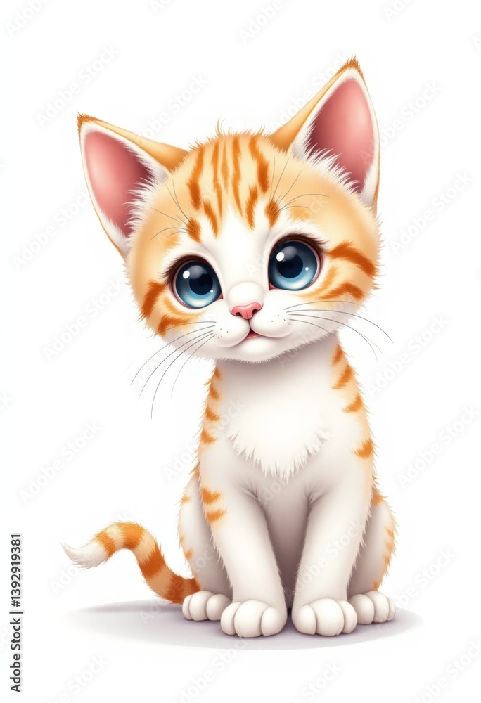 Fototapeta premium a cute orange and white kitten with blue eyes sitting on a white background It is an animated image, giving the impression that the kitten is looking directly at t