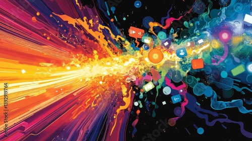 Abstract colorful explosion with light rays and swirling shapes on a dark background.