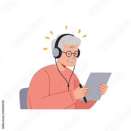 Elderly man enjoying music while drawing at home  