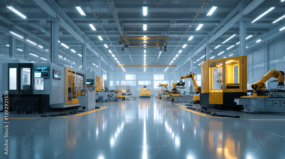 Obraz premium Interior view of a modern factory with robotic arms and industrial machinery in a spacious setting