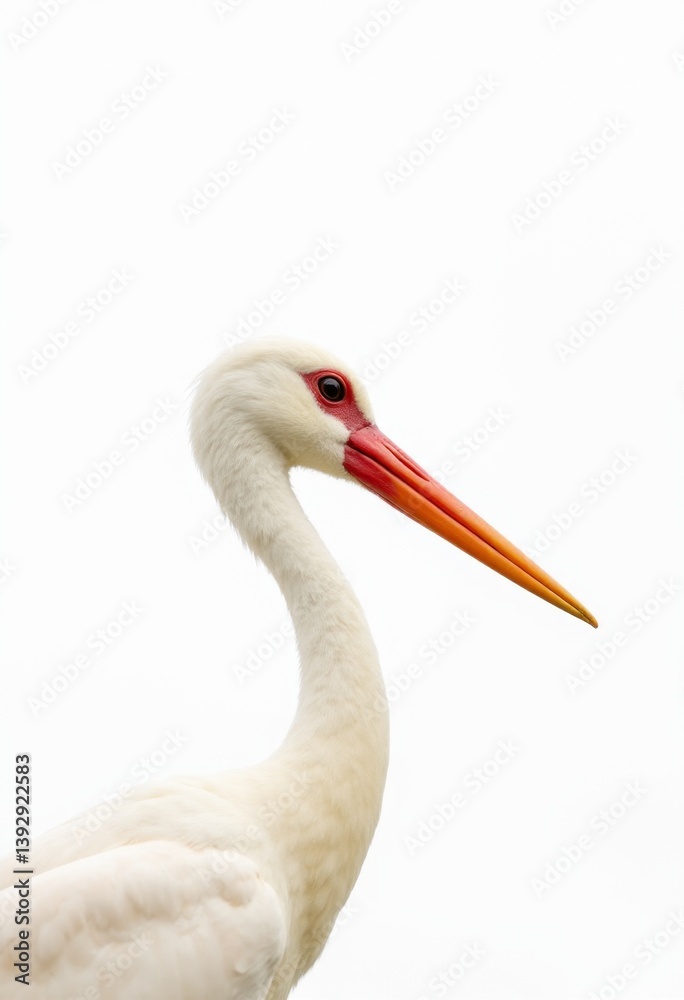 a white stork with a long orange beak standing against a white background Its feathers are pristine and its long neck is curved gracefully Its beak is long and po a white stork with a long orange beak standing against a white background Its feathers are pristine and its long neck is curved gracefully Its beak is long and po
