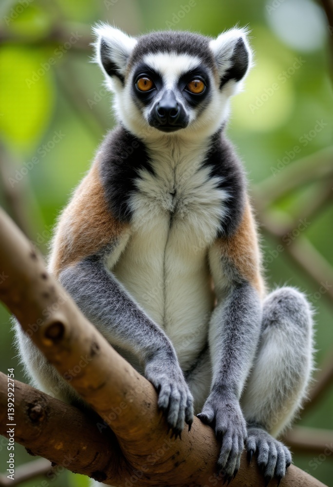 Obraz premium a ring-tailed lemur sitting on top of a tree branch with a blurred background The lemur has a white, grey, black and orange fur coat