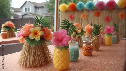Bright Tropical Party Table Setting with Pineapple Decor and Colorful Flowers