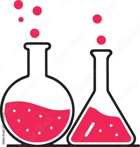 Two Laboratory Flasks with Red Liquid and Bubbles, Ideal for Science Education