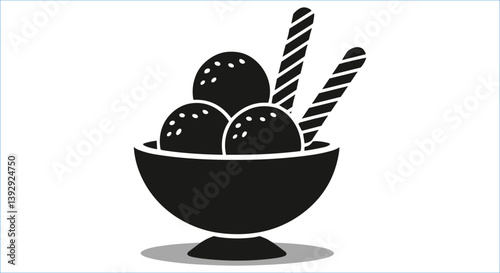 Ice cream scoop dessert with wafers vector icons. Black ice cream bowl silhouettes. Ice cream bowl with wafers silhouettes vector. Delicious ice cream dessert in bowl silhouettes vector design
