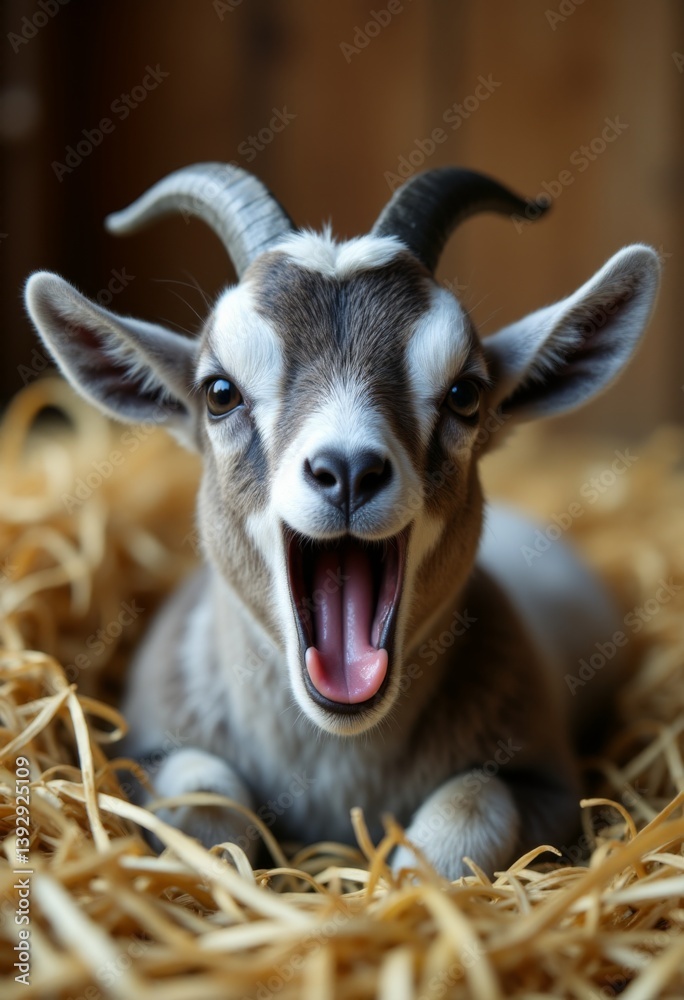 Fototapeta premium a baby goat laying on top of a pile of hay with its mouth open, surrounded by dried grass The background is slightly blurred, giving the focus to the goat